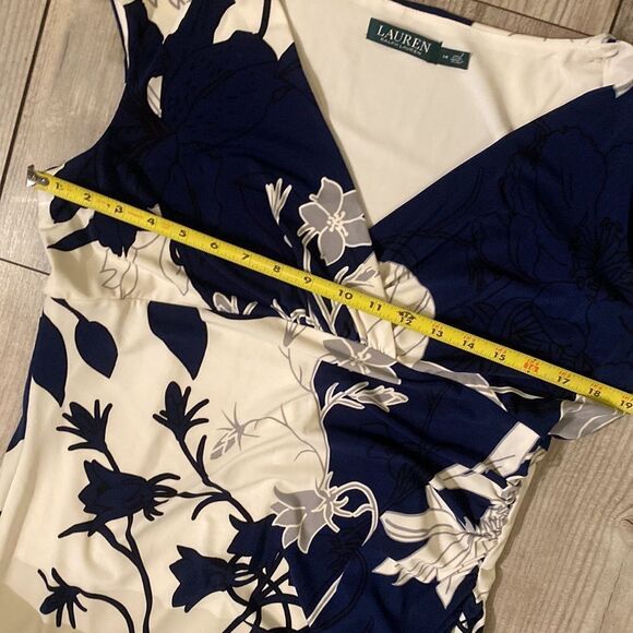 Navy Blue and Cream Ralph Lauren Size 14 Lined Polyester & Spandex Floral Dress - Picture 8 of 12